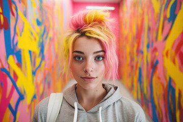 Woman with pink hair standing in front of vibrant and eye-catching wall. Perfect for adding pop of color to any project.