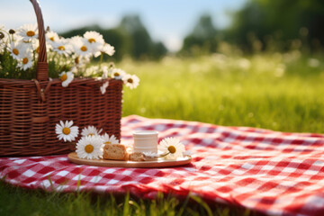Basket of daisies and cup of coffee arranged on picnic blanket. Perfect for outdoor and nature-themed designs.