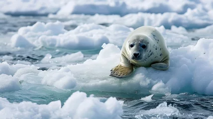 Foto op Plexiglas melting glaciers and Arctic animals and seal fleeing from the storm Arctic Blast through water and glaciers on snow, life in extreme conditions © Anna