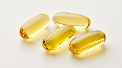 Vitamin E capsules isolated on white background. Antioxidant, radical scavenger, enzyme activity regulator for health and wellness.