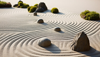 Fototapeta na wymiar Sandy coastline, tranquil water, striped stone pattern generated by AI