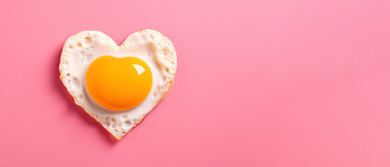 fried egg in the shape of heart on a pink background banner, breakfast for valentine's day