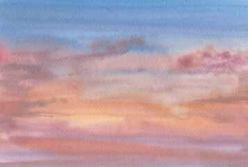 Watercolor background drawn with paints on paper, bright colors of the sunset sky