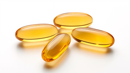 Vitamin E capsules isolated on white background. Antioxidant, radical scavenger, enzyme activity regulator for health and wellness.