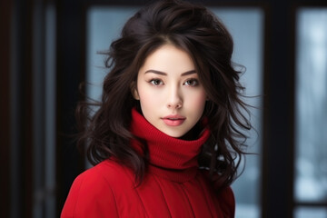 Fototapeta premium Woman wearing red sweater poses for picture. This image can be used for various purposes.