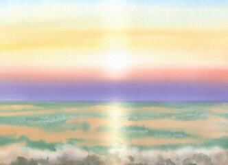 Illustration of the sun, over the sea horizon, sunrise and sunset.