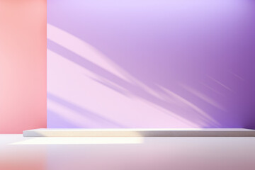 Vibrant purple and pink room with sleek white shelf. Perfect for home decor or interior design projects.