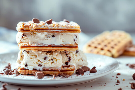 Ice cream sandwich bliss, a mouthwatering image featuring a perfectly crafted ice cream sandwich with cookies or waffles.