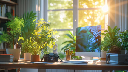 Futuristic Home Office, bright, airy space with tech and green plants, morning sunlight streaming in