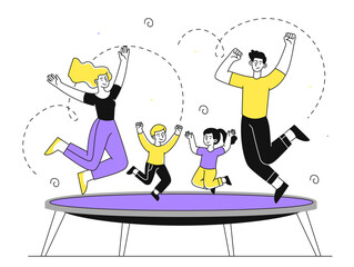 Family jumping at trampoline vector linear