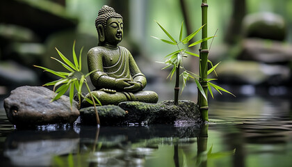 Meditating stone statue finds harmony in tranquil nature generated by AI