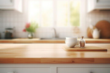 Fototapeta na wymiar Wooden counter top with cup and saucer. This image can be used to depict cozy coffee corner or rustic kitchen setting.