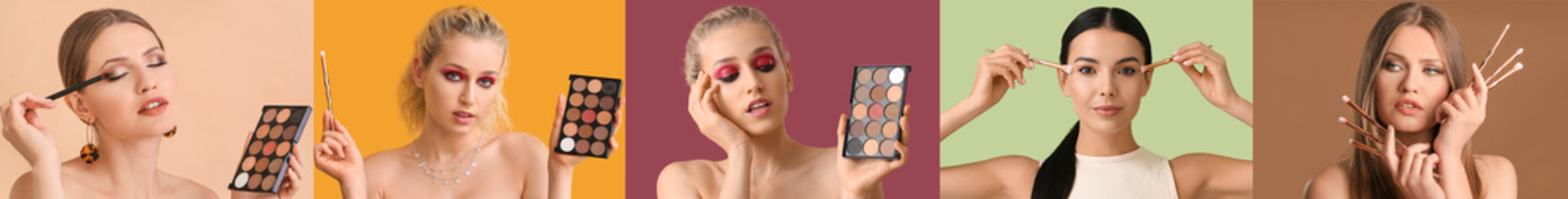 Set of attractive young women with makeup brushes and decorative cosmetics on color background