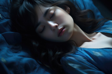 Woman peacefully sleeping in bed. Suitable for sleep-related articles and advertisements.