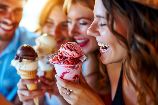 Ice cream social gathering, a festive image capturing a group of friends or family enjoying ice cream together in a social setting.