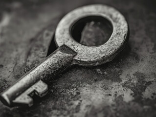 Close-up of a key in a lock, plain metal texture.