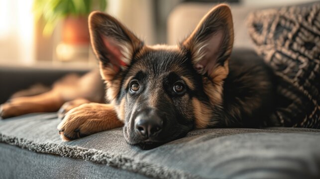 Photo of a cute German Shepherd puppy lying at home