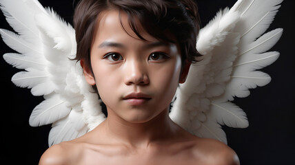 Portrait of  an asian Cupid. Little Valentine' s day angel boy with wings