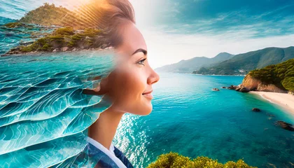 Side profile of a woman's face with a double exposure with a summer tropical landscape. Realistic portrait with soft light that makes you dream of travelling. Useful for promoting holidays. © Patrick