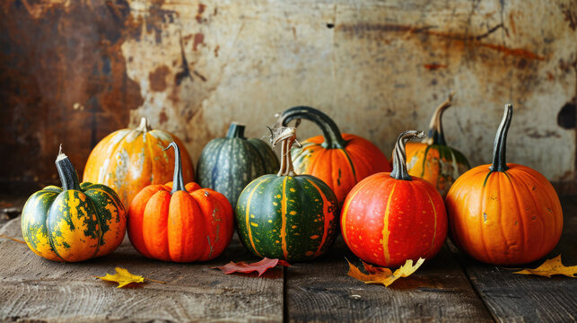 Collection of pumpkins placed on sturdy wooden table. This image can be used for various autumn-themed designs and decorations.