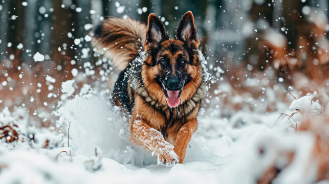Picture of dog running through snow in beautiful wooded area. This image can be used to depict joy of pets in winter or to illustrate beauty of nature in cold weather.