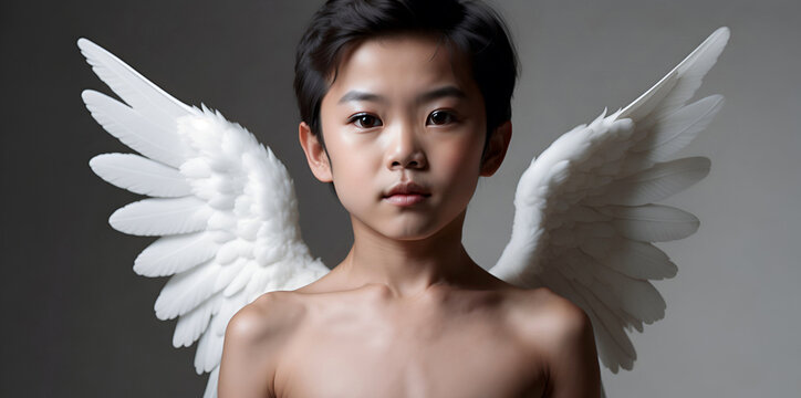 Portrait of  an asian Cupid. Little Valentine' s day angel boy with wings