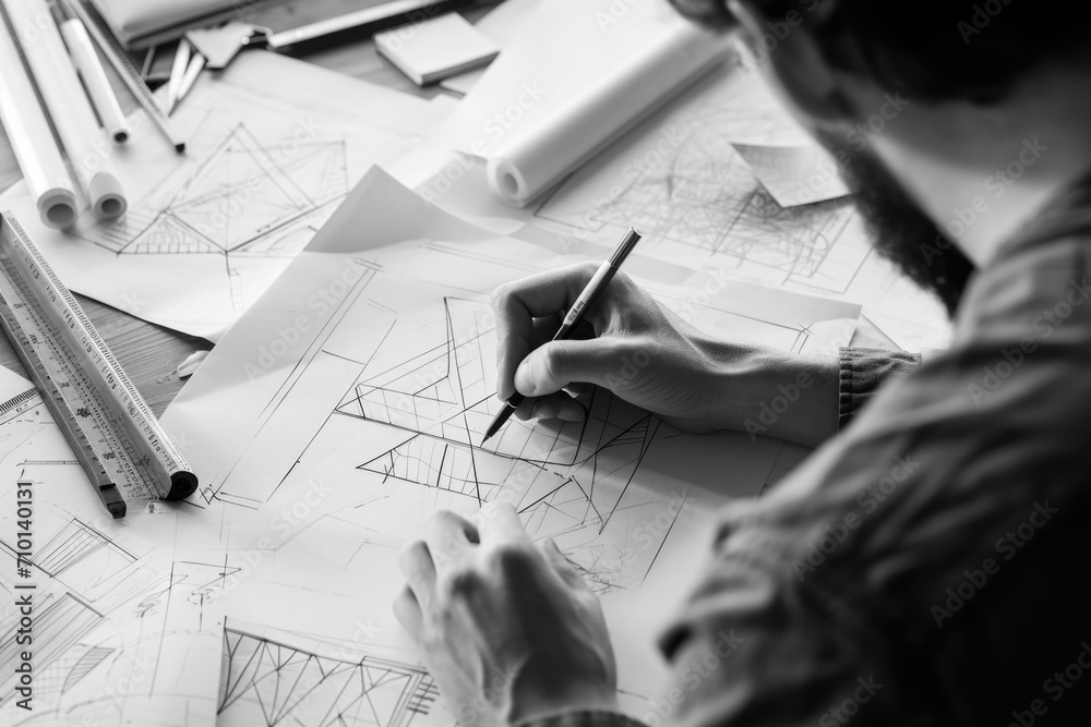 Poster A man is seen sitting at a table, engrossed in working on a project. This image can be used to depict concentration, focus, and productivity in various professional settings