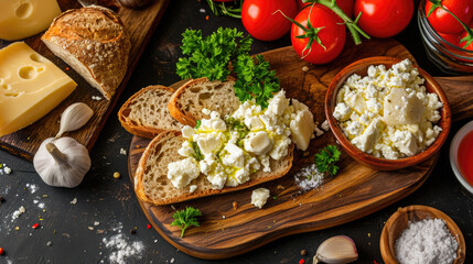 Wooden cutting board featuring delicious assortment of bread and cheese. Perfect for food and kitchen-related projects.