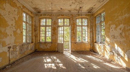 Sunlit abandoned room with peeling yellow paint and multiple windows