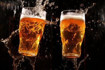 Refreshing beer foam splash in two mugs - celebrate with hops and hooray beer - concept for design projects - obrazy, fototapety, plakaty