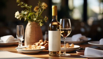 Luxury wine bottle on wooden table, elegant celebration generated by AI