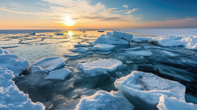 Sun is setting over ice in ocean. This image captures serene beauty of nature and changing colors of sky. Perfect for travel and nature-themed projects.
