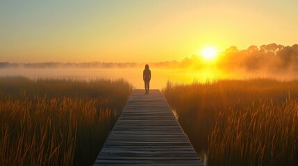 Fototapeta premium person standing on a boardwalk, admiring the sunrise over a misty marshland generative ai