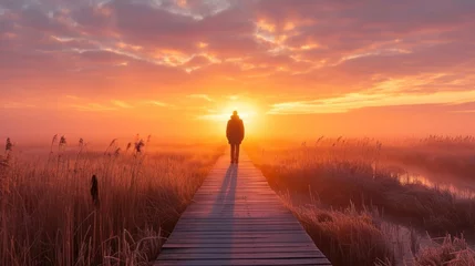 Foto op Plexiglas person standing on a boardwalk, admiring the sunrise over a misty marshland generative ai © ThisDesign