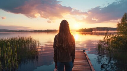 Fototapeta premium woman standing on a boardwalk, enjoying a peaceful lakeside sunset generative ai