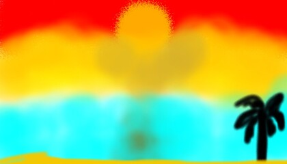 abstract blurred background with palm trees and sunbeams in the sky. background design elements of nature in paint brush style