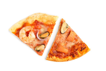 Slices of tasty seafood pizza on white background