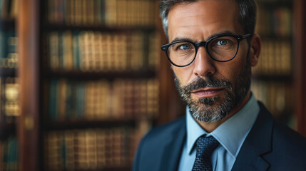Lawyer with Legal Books in Law Library - obrazy, fototapety, plakaty