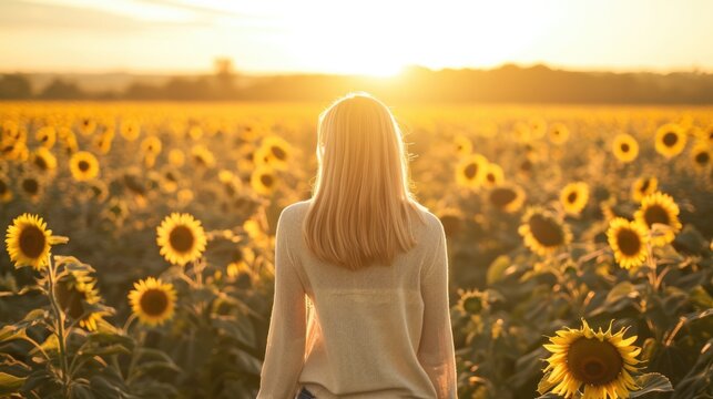Back view of a woman walking through a sunflower field, bathed in the golden light of the setting sun generative ai
