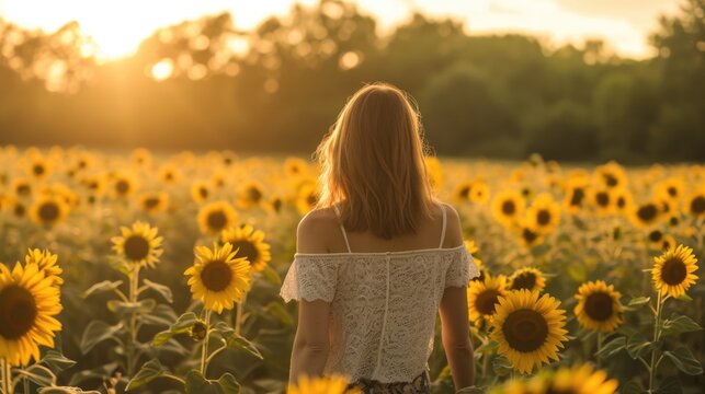 Back view of a woman walking through a sunflower field, bathed in the golden light of the setting sun generative ai