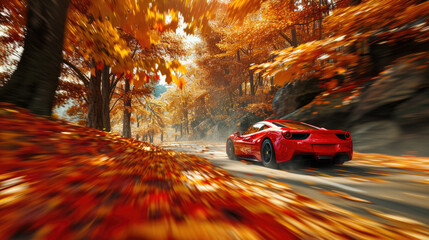 Red sports car driving through picturesque forest. Perfect for automotive enthusiasts or travel and adventure themes. - obrazy, fototapety, plakaty