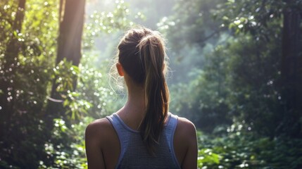 Back view of a woman with a ponytail, hiking through a dense forest with dappled sunlight generative ai - obrazy, fototapety, plakaty