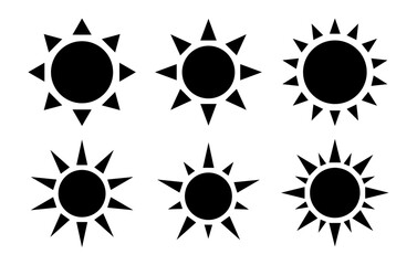 Sun vector set of six in black and white color. Sun simple icons collection. Sun icon set, sunshine and solar glow, sunrise or sunset - Vector illustration