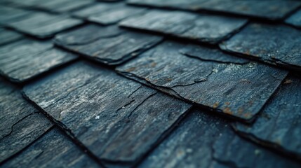 A detailed close up view of a slate roof with a shiny surface. This image can be used to showcase the beauty and craftsmanship of slate roofs. - obrazy, fototapety, plakaty