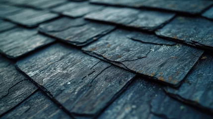 Foto op Plexiglas A detailed close up view of a slate roof with a shiny surface. This image can be used to showcase the beauty and craftsmanship of slate roofs. © Fotograf