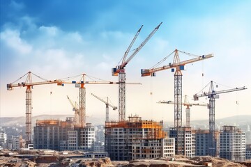 Fototapeta na wymiar Construction progress. cranes building multi-storey structures on bright sunny day