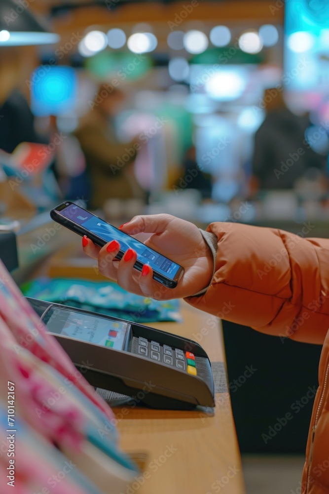 Aufkleber A person is seen using a smart phone at a counter. This image can be used to illustrate technology, communication, or customer service