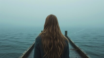 Back view of a woman with long hair, standing on a pier and looking out at a calm sea generative ai