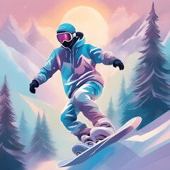 Obraz premium Snowboarder man jumping snowy mountain fir tree forest landscape background sportsman snowboarding winter vacation