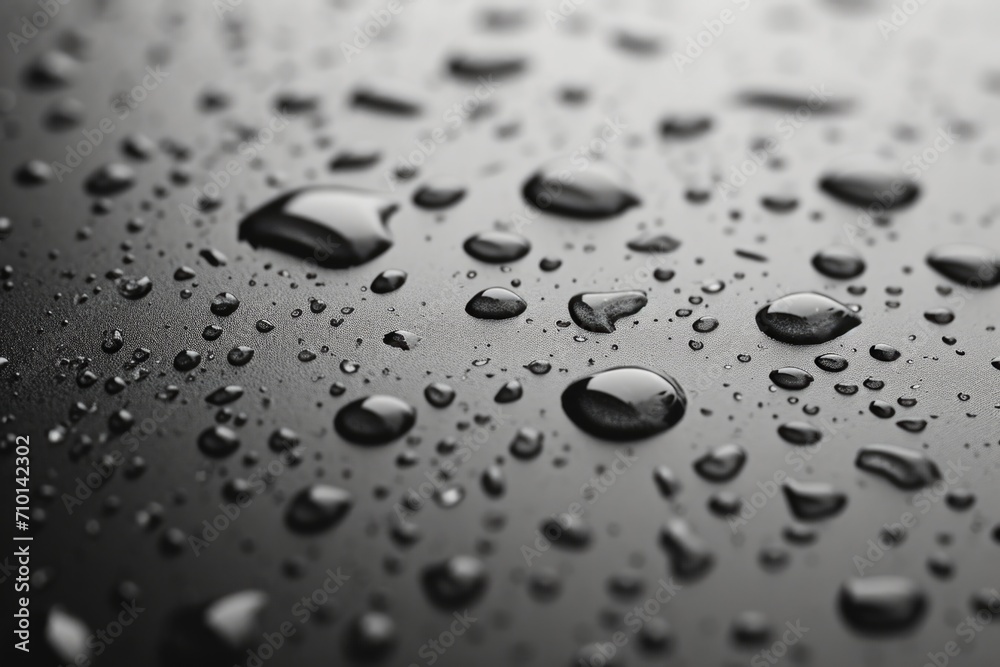 Poster Water droplets captured in a close-up shot on a surface. Suitable for various uses